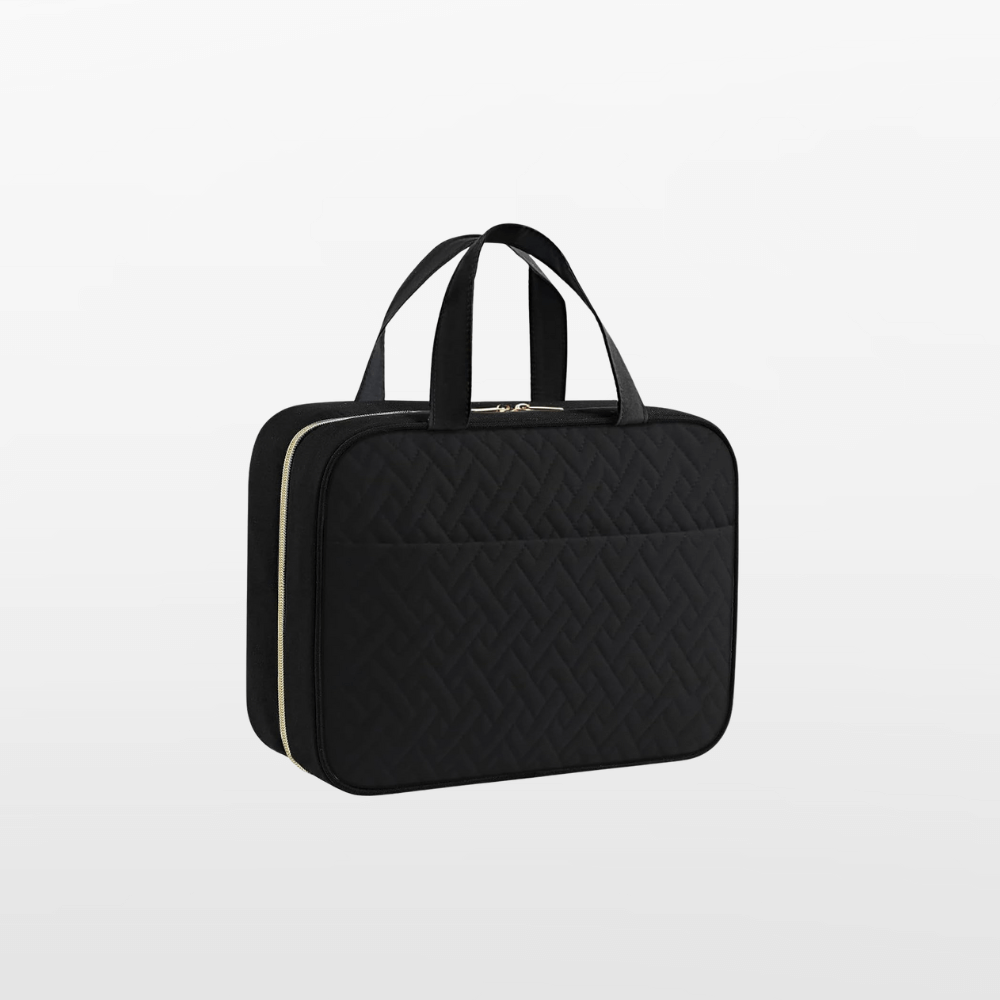 Black quilted briefcase with a striped handle on a light gray background
