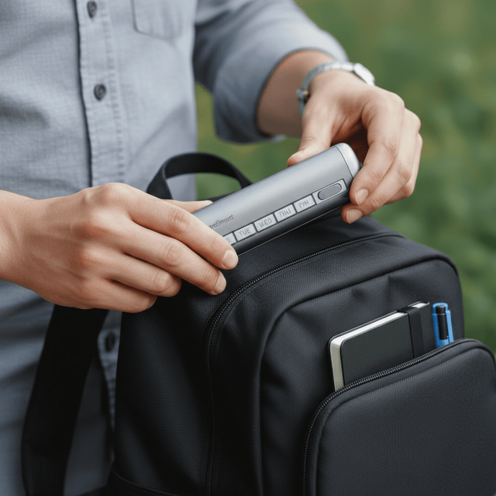 Person placing a device into a black backpack with a blurred green background