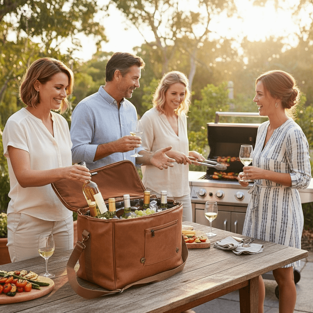 Group of people enjoying a barbecue outdoors with a leather picnic basket.