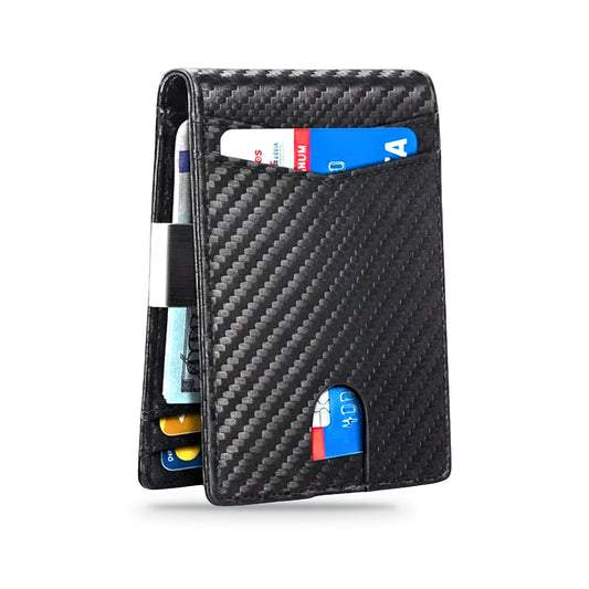 TravelSmart Slimline RFID Wallet in Carbon Fibre Black – slim carbon-fibre bifold card holder with front pull-tab slot