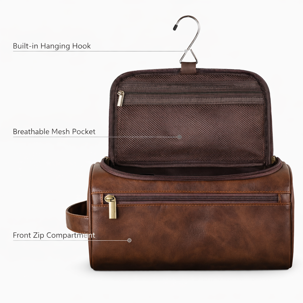 TravelSmart Nomad Travel Wash Bag packed with full-size toiletries