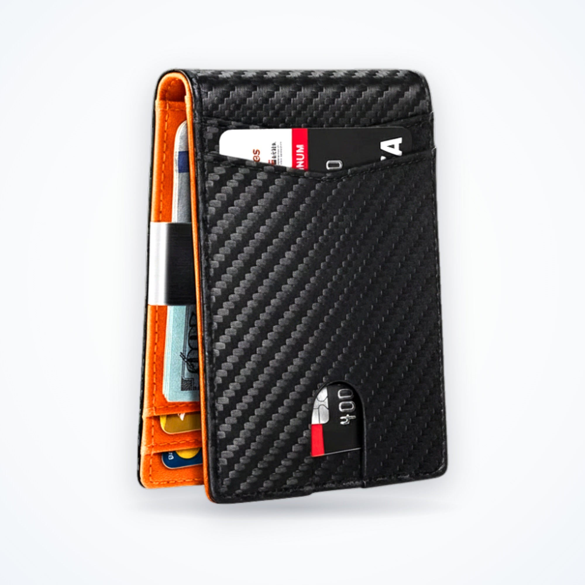 TravelSmart Slimline RFID Wallet in Orange Carbon – slim carbon-fibre bifold with orange interior and front quick-access slot