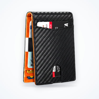 TravelSmart Slimline RFID Wallet in Orange Carbon – slim carbon-fibre bifold with orange interior and front quick-access slot