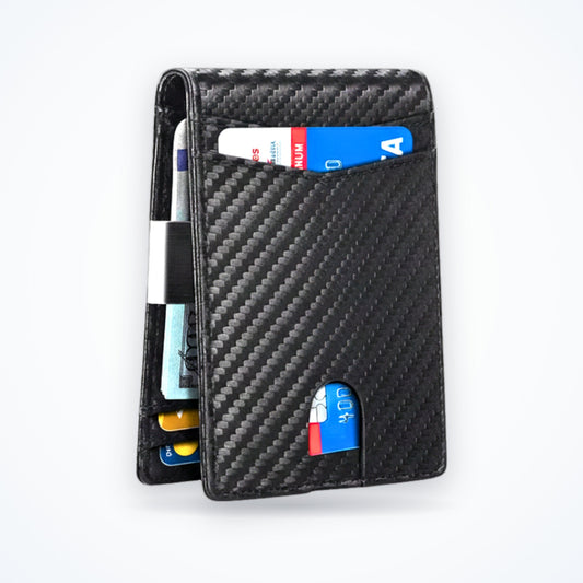 TravelSmart Slimline RFID Wallet in Carbon Fibre Black – slim carbon-fibre bifold card holder with front pull-tab slot