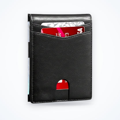 TravelSmart Slimline RFID Wallet in Classic Black – smooth matte-black leather bifold with front quick-access slot