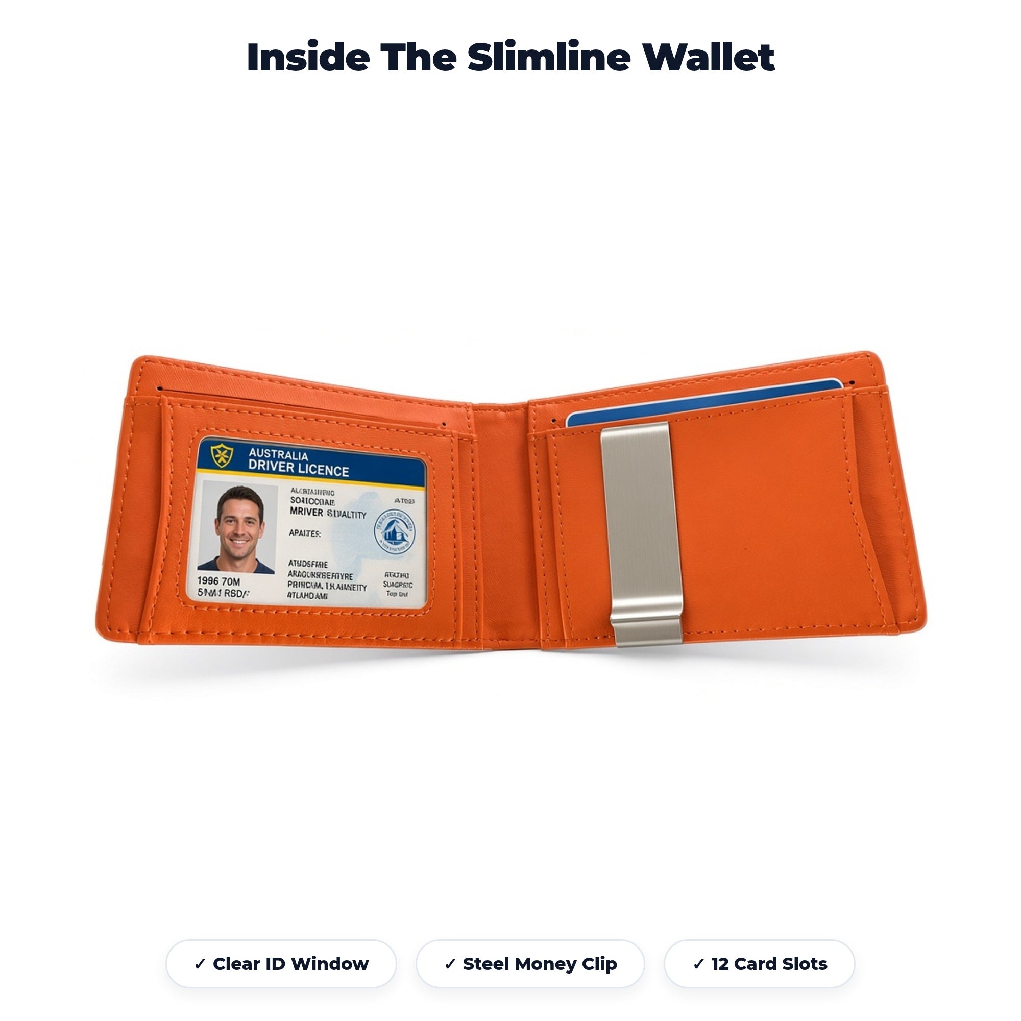 Inside the TravelSmart Slimline RFID Wallet – Clear ID window with thumb slot, card slots, and stainless steel money clip