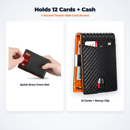 Slim Profile, Serious Capacity – Holds up to 12 cards plus folded cash with outside quick-access slot