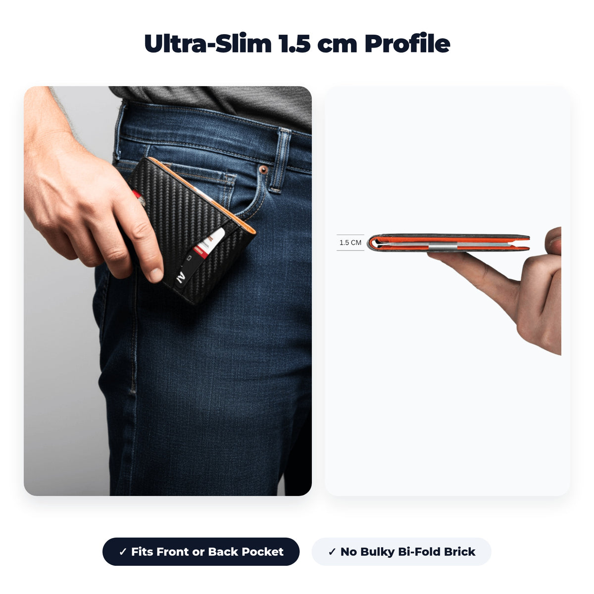Ditch the Bulky Wallet – Bulky 4.5 cm traditional bifold vs 1.5 cm TravelSmart Slimline front-pocket profile