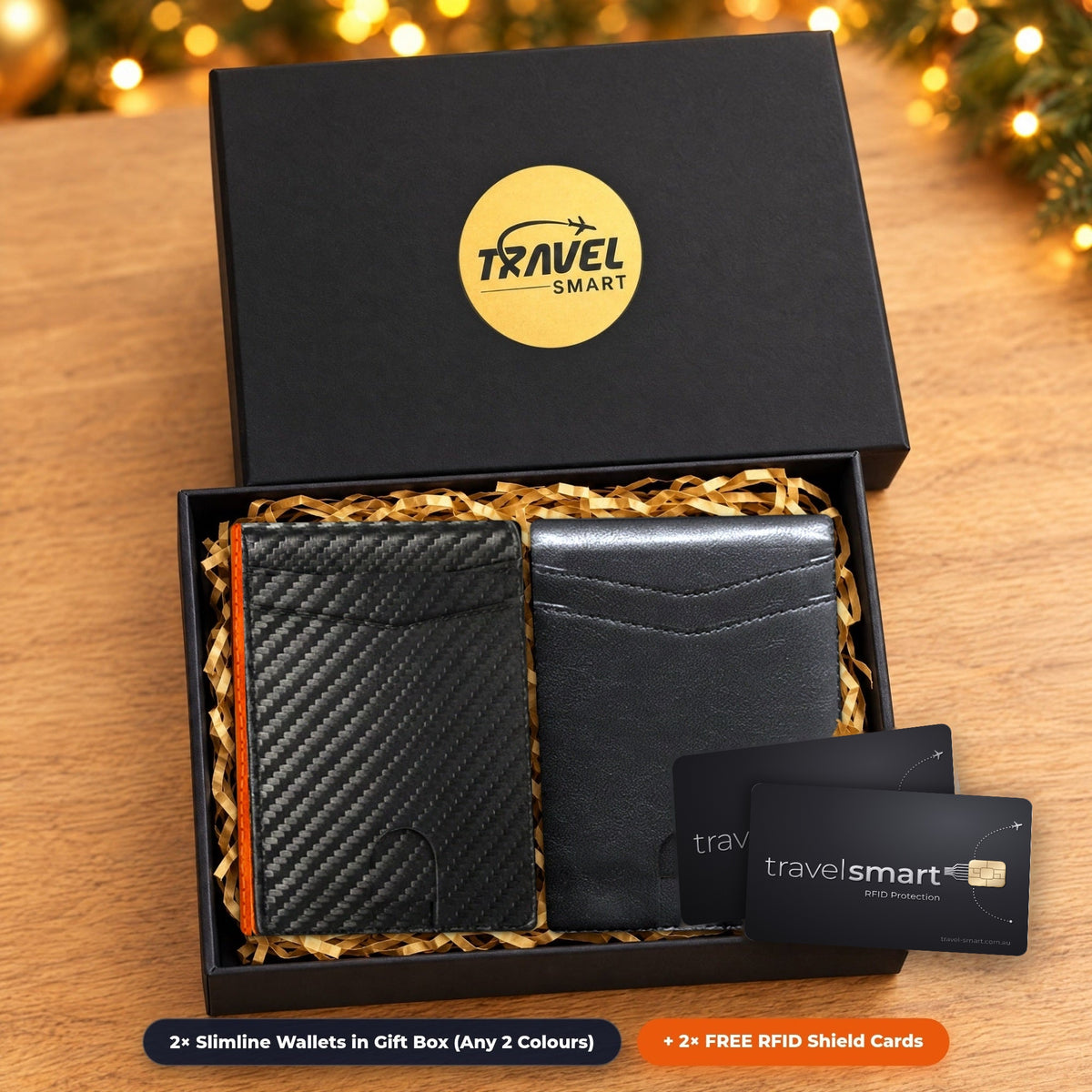 Ready to Gift This Christmas – 2 Slimline RFID Wallets presented in the TravelSmart Matte-Black Gift Box