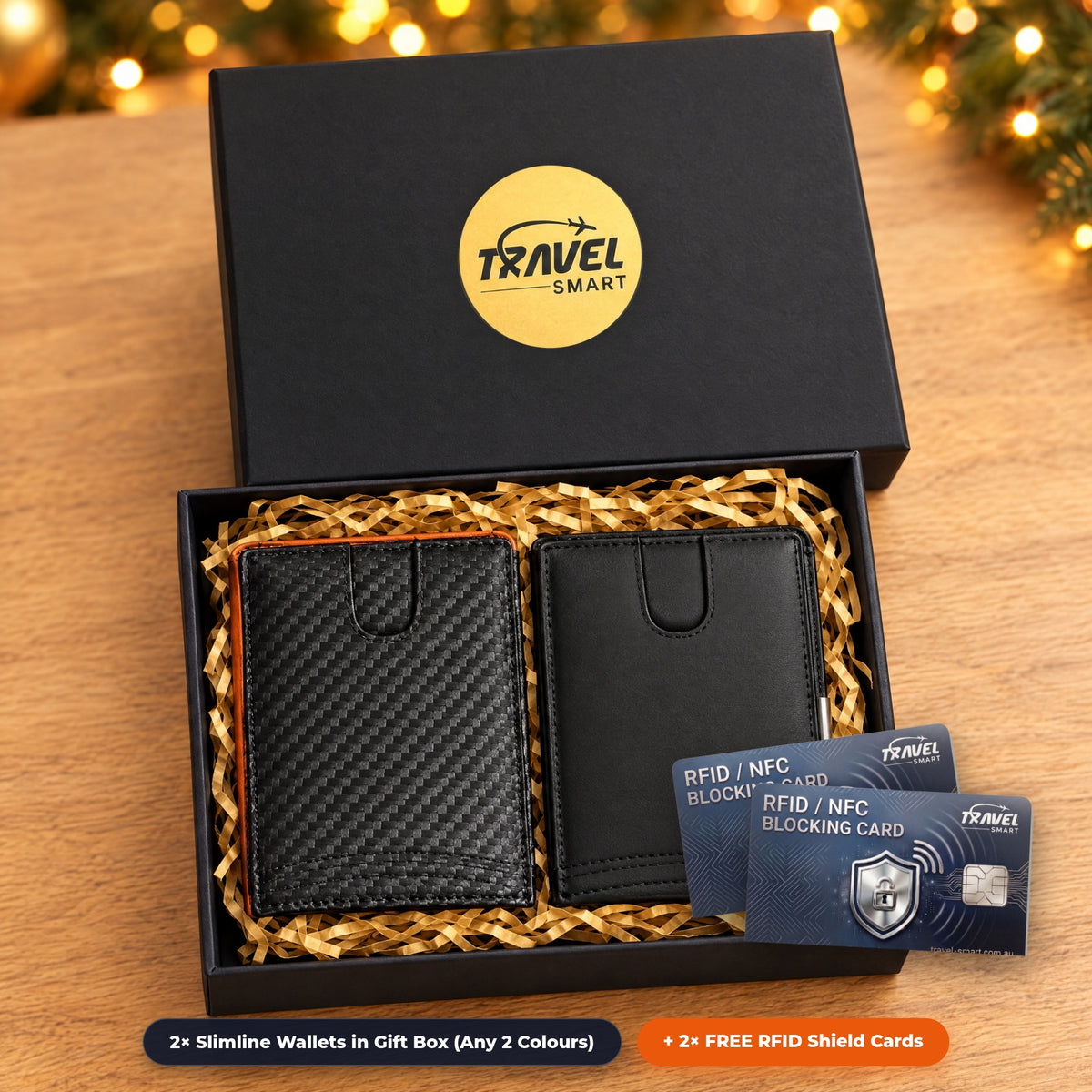 Ready to Gift This Christmas – 2 Slimline RFID Wallets presented in the TravelSmart Matte-Black Gift Box