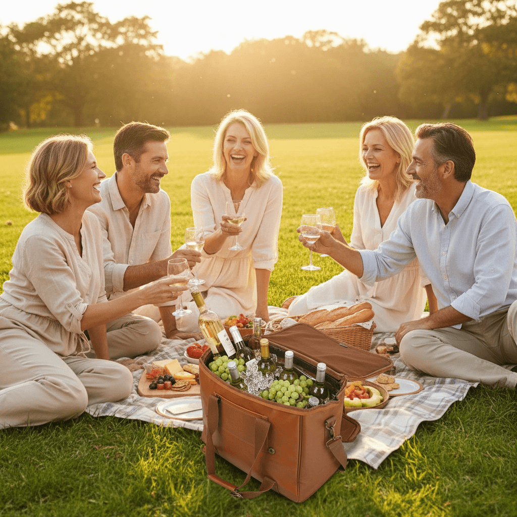 Group of people enjoying a picnic in a park with a brown leather picnic basket.