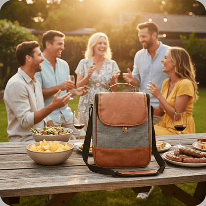 People enjoying a picnic with a backpack on a wooden table