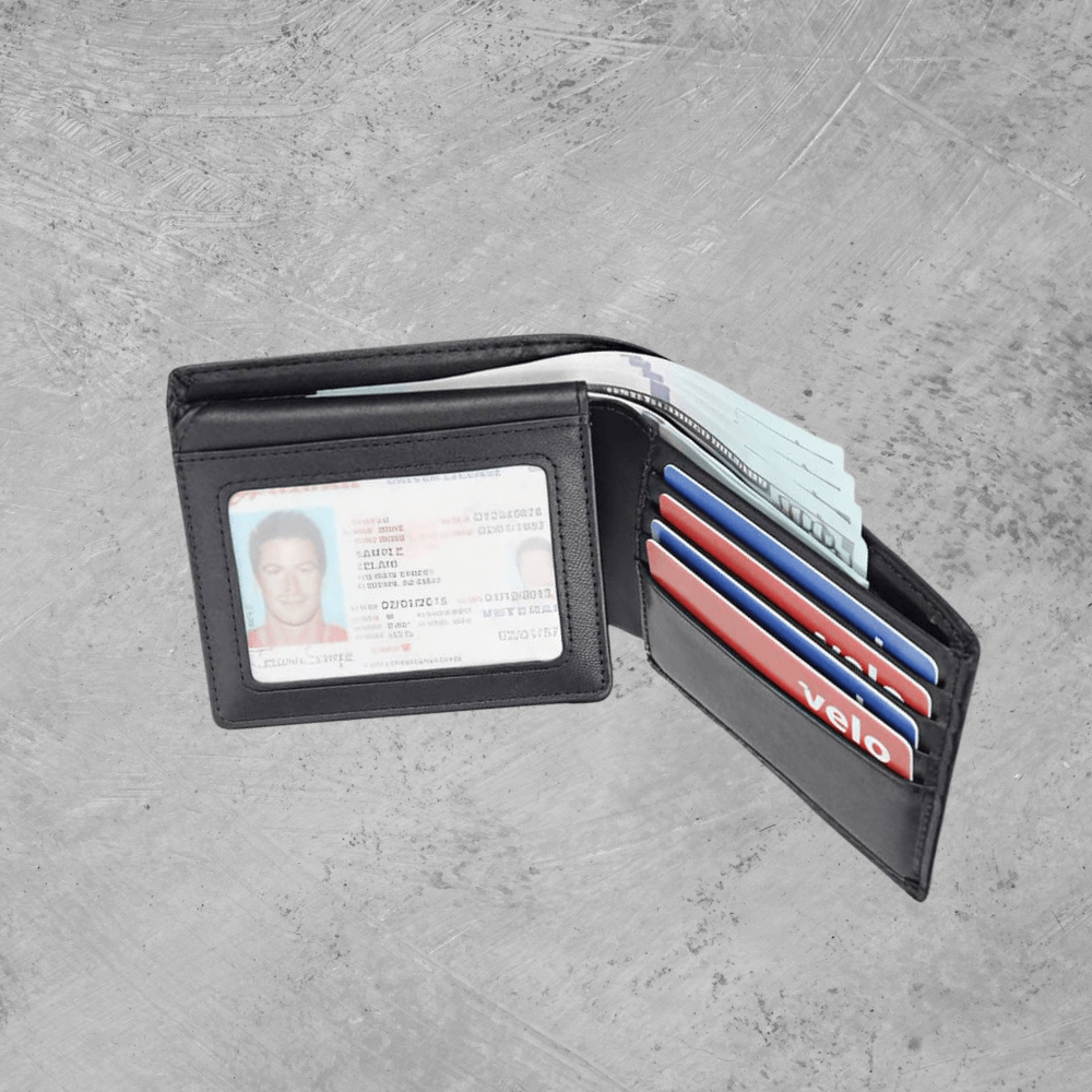 Black wallet with ID card and money on a gray concrete surface