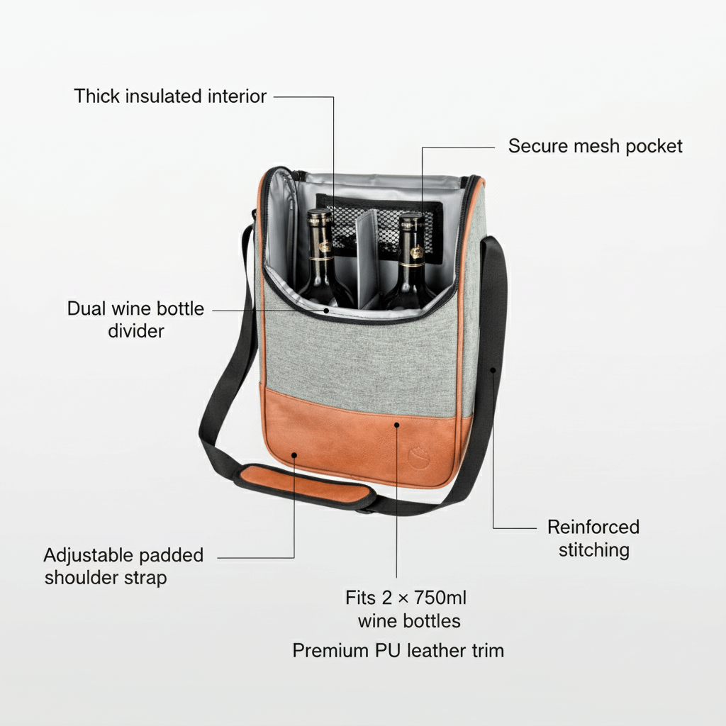 Wine carrier with features highlighted on a white background