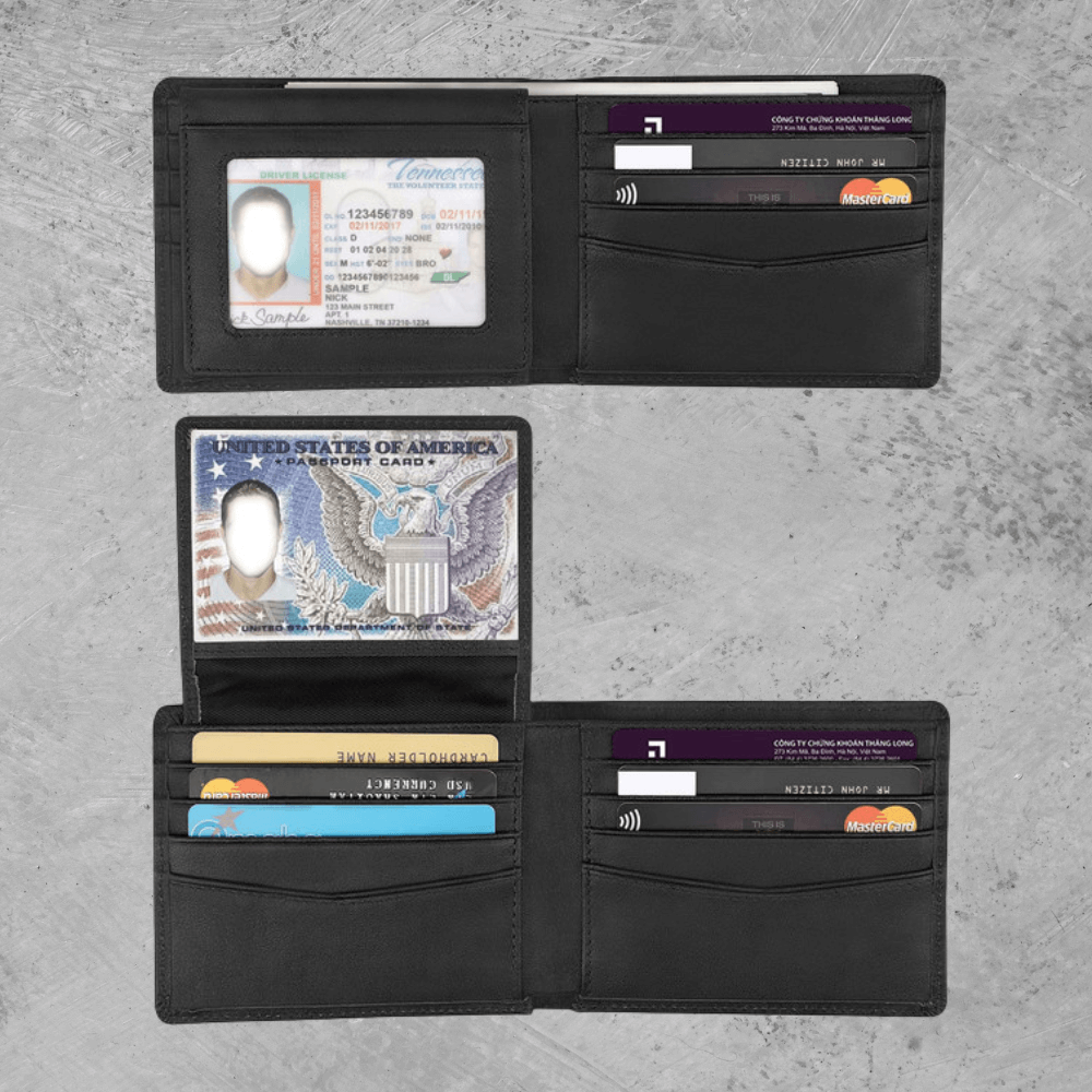 Black wallet with various cards and a passport on a gray concrete background