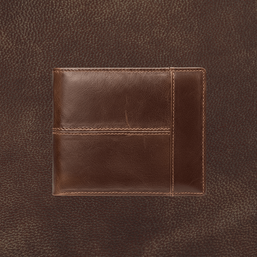 Brown leather wallet on a matching brown textured background