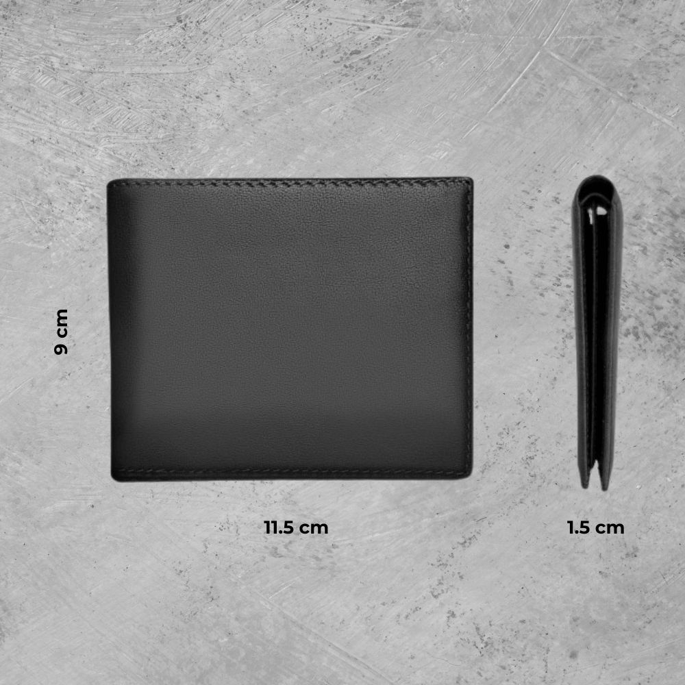 Black leather wallet and cardholder on a gray concrete surface with measurements indicated.