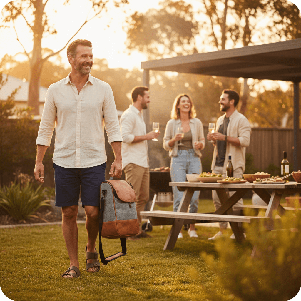 Group of people enjoying a barbecue in a backyard at sunset