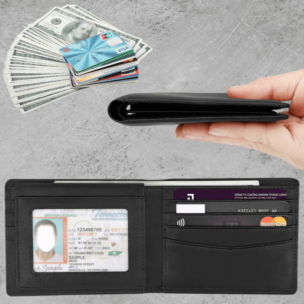 Black wallet with cards and money on a gray surface