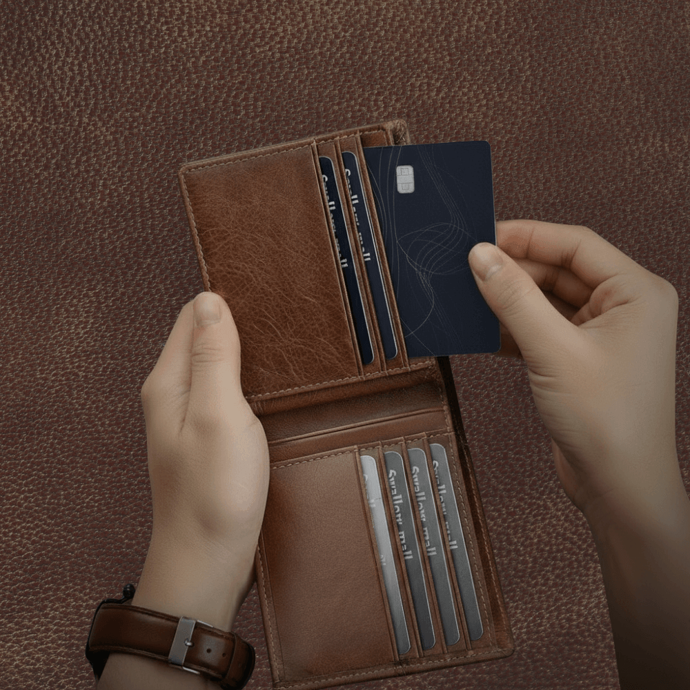 Brown leather wallet with cards on a brown textured background