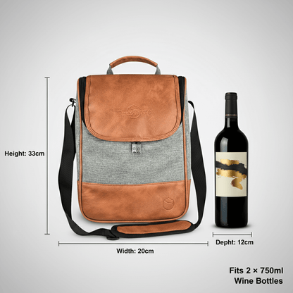 Brown and gray wine bag with dimensions and a bottle of wine on a light gray background
