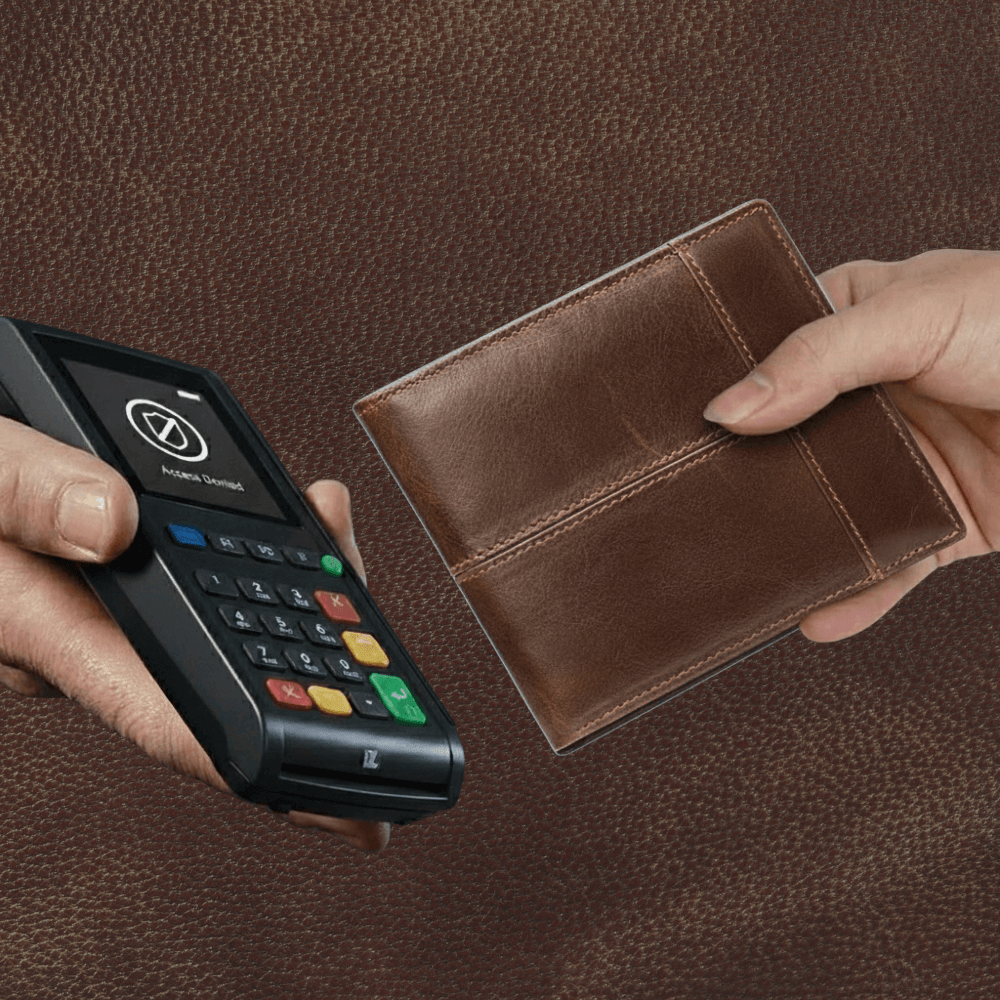 Hand holding a brown leather wallet next to a contactless payment reader on a brown background