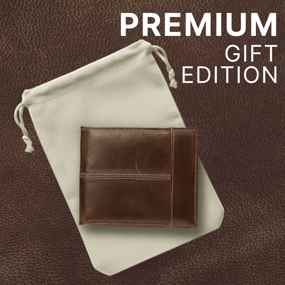 Brown leather wallet in a drawstring bag with 'Premium Gift Edition' text on a brown background
