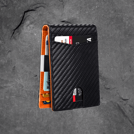 Carbon fiber patterned wallet with cards on a gray surface