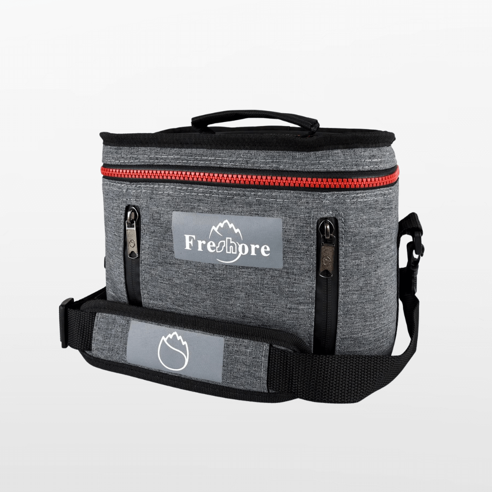 Gray cooler bag with red zipper and 'Freshore' branding on a light gray background