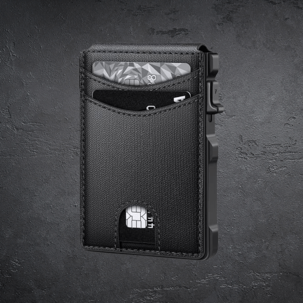 Black cardholder with cards on a dark gray background