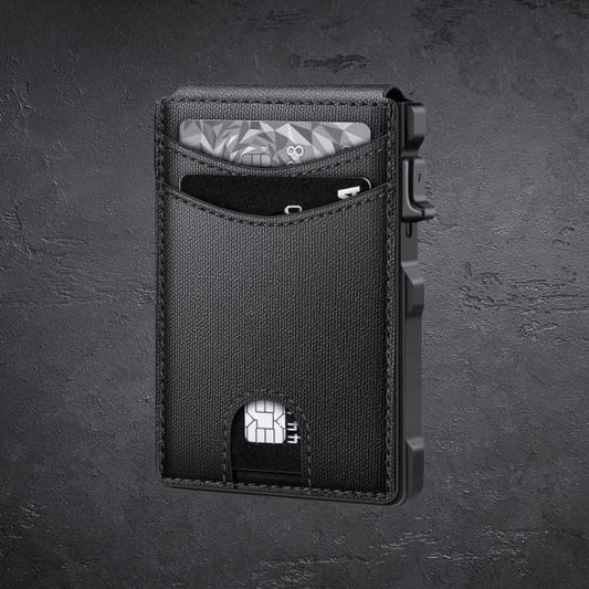 Black cardholder with cards on a dark gray background