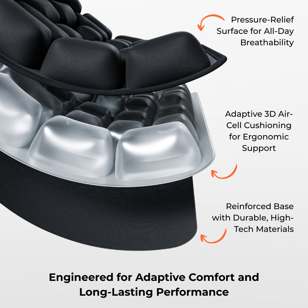Close-up of a massage chair seat with text highlighting features