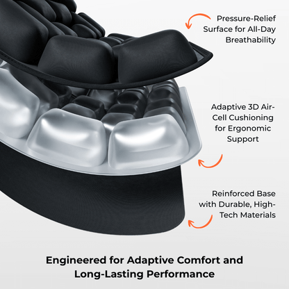 Close-up of a massage chair seat with text highlighting features