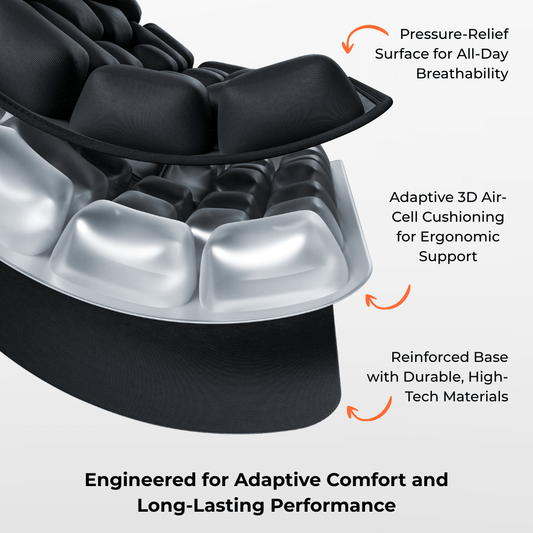 Close-up of a massage chair seat with text highlighting features