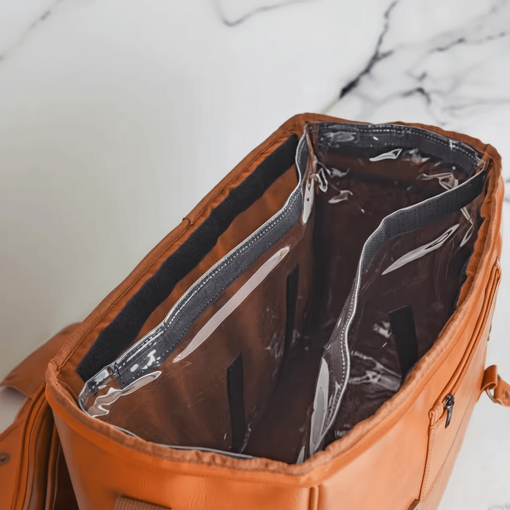 Open brown leather bag with a marble background