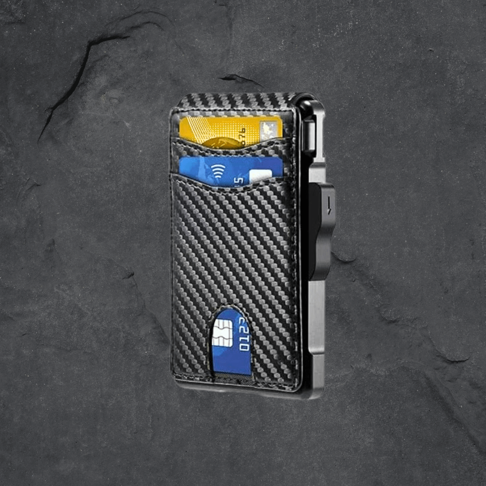 Carbon fiber patterned wallet with cards on a dark textured background