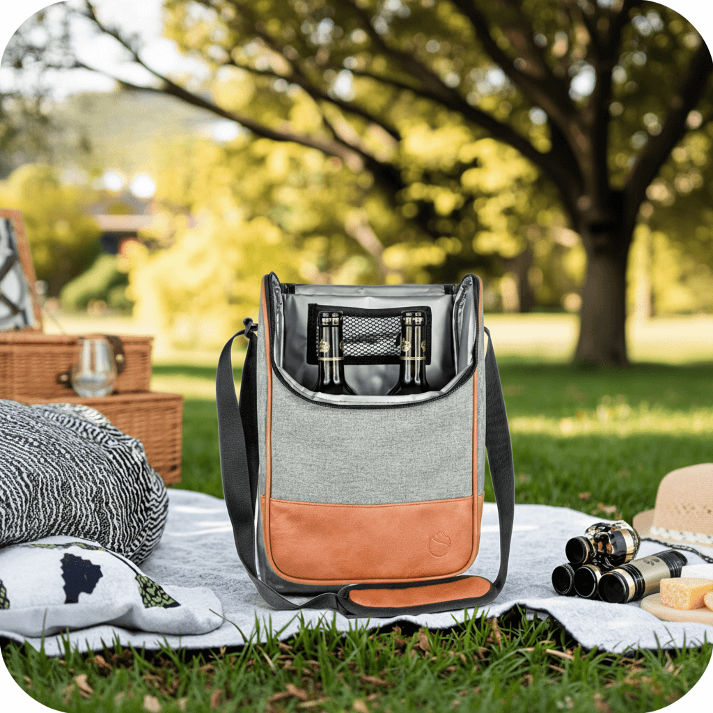 Insulated cooler bag on a picnic blanket with picnic items in a park setting