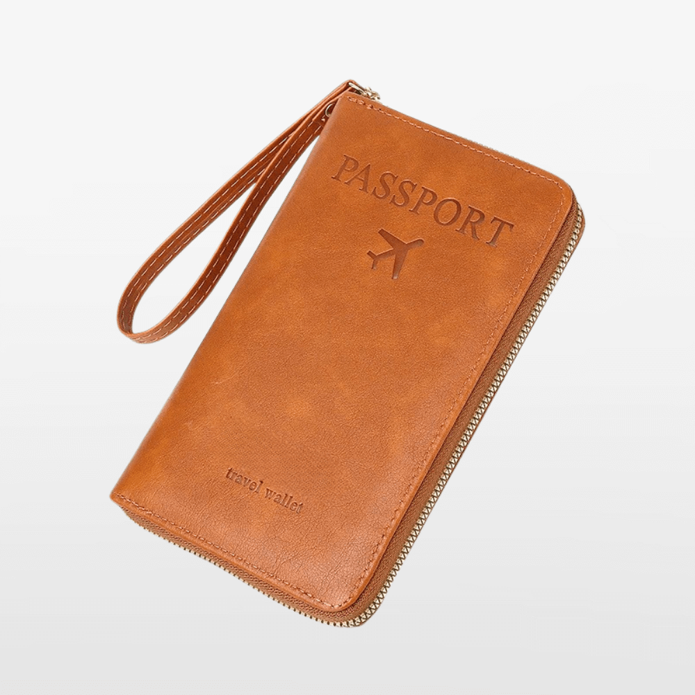 Brown travel wallet with 'PASSPORT' and airplane icon on a white background