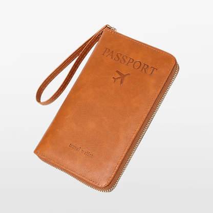 Brown travel wallet with 'PASSPORT' and airplane icon on a white background