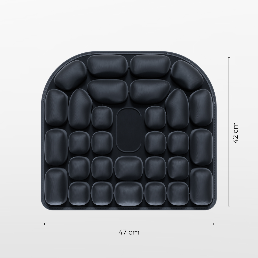 Black square seat cushion with measurements on a white background