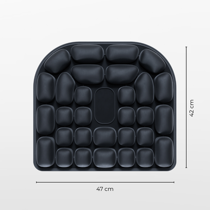 Black square seat cushion with measurements on a white background