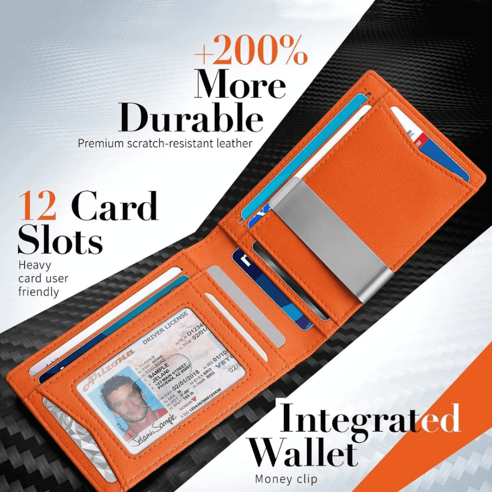 Orange wallet with card slots and money clip on a black and white background