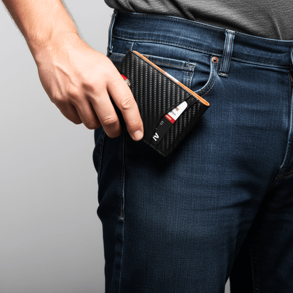 Person wearing dark blue jeans with a black carbon fiber wallet in the pocket against a gray background