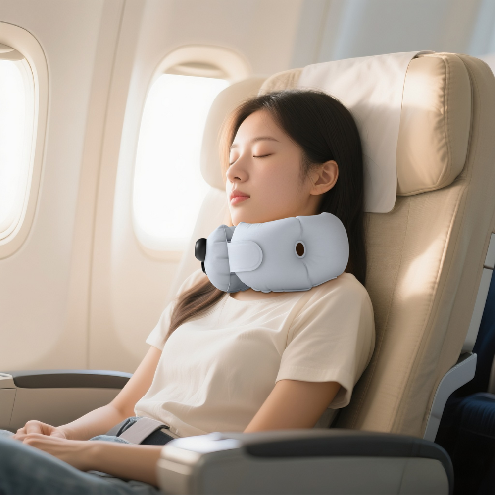 Woman using a neck pillow in an airplane seat
