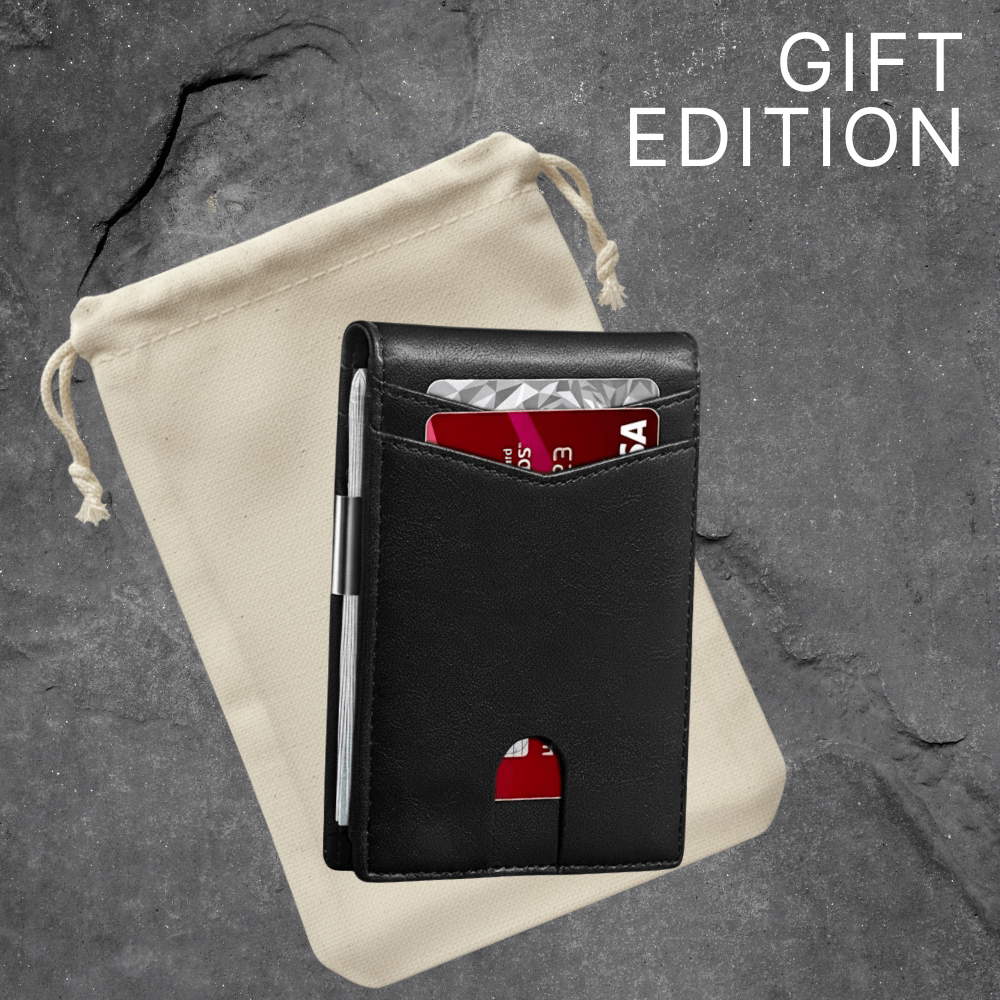 Black leather wallet with a card on a beige drawstring bag, labeled 'Gift Edition' on a dark gray background.