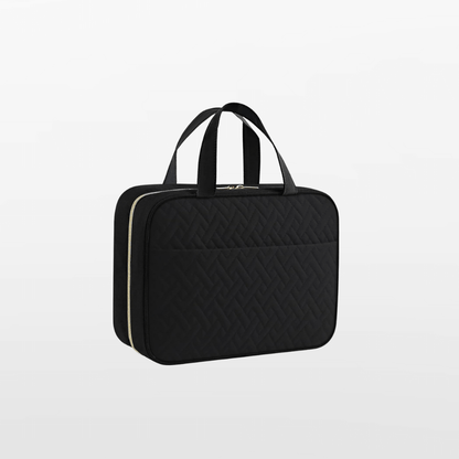 Black quilted briefcase with a striped handle on a light gray background