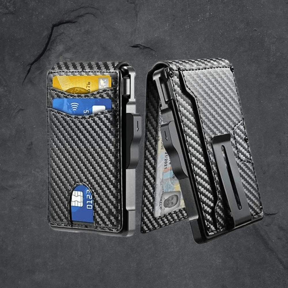 Carbon fiber patterned cardholder with cards on a dark background