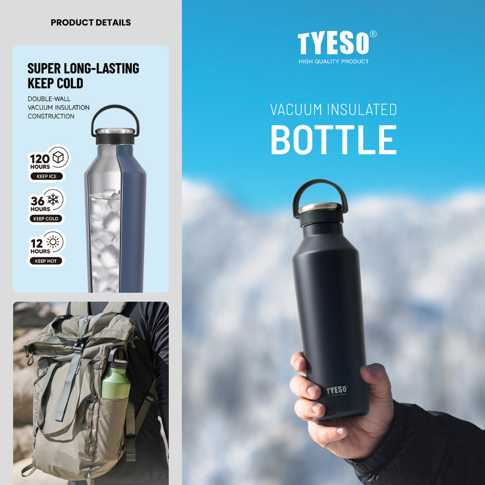 TYESO vacuum insulated bottle held by a person with product details on a blue background