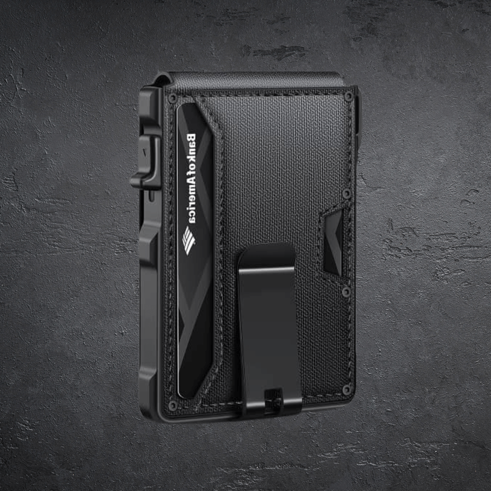 Black wallet with card holder on a dark gray background