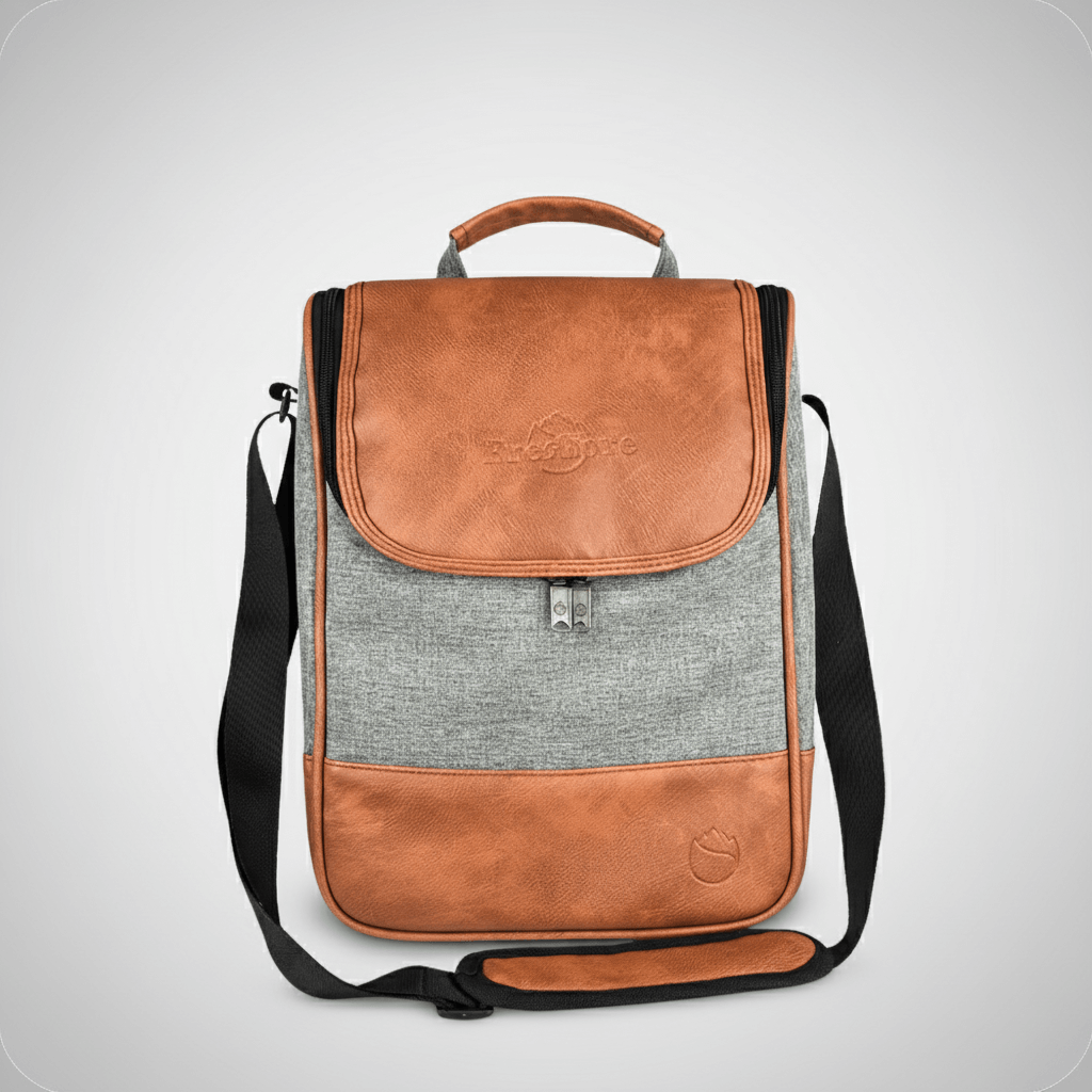 Backpack with brown leather accents and gray fabric on a light gray background